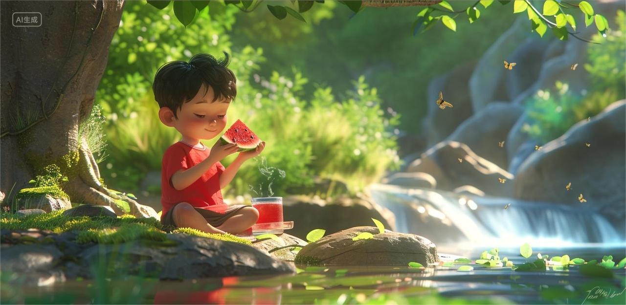 二十四节气夏至小暑大暑河边大树下小男孩吃西瓜插画背景
