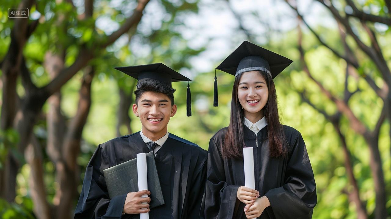 毕业季身穿毕业服手拿毕业证毕业文凭的大学生情侣