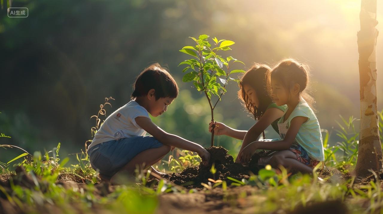 植树节在户外阳光下种树的小朋友