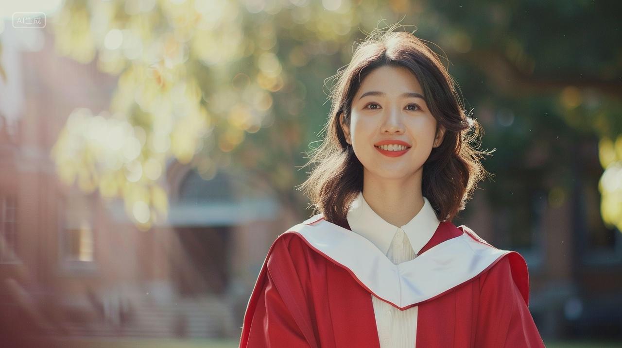毕业季身穿学士服微笑拍照的女大学生