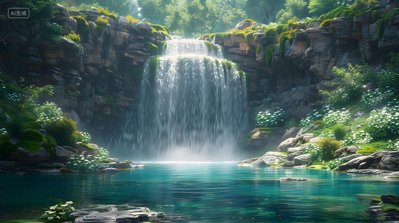 瀑布落入清澈湖泊自然风景摄影水景美景