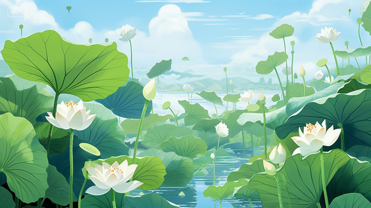 二十四节气夏至夏天夏日荷花荷叶背景24节气插画