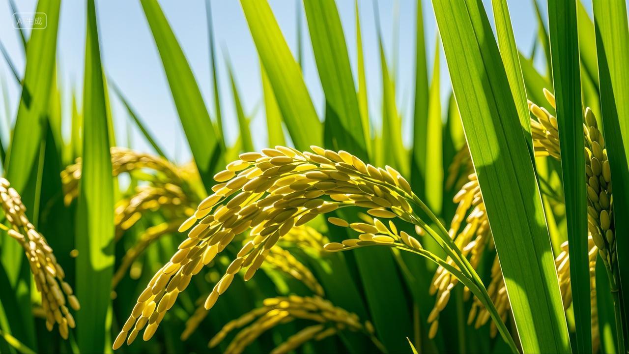 稻田里的绿色水稻稻穗稻谷特写农业