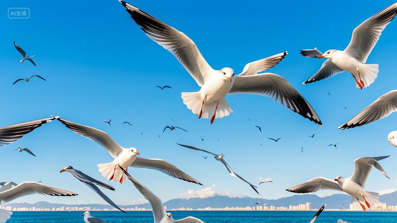 云南昆明海埂大坝上空飞翔的海鸥风景壁纸旅游