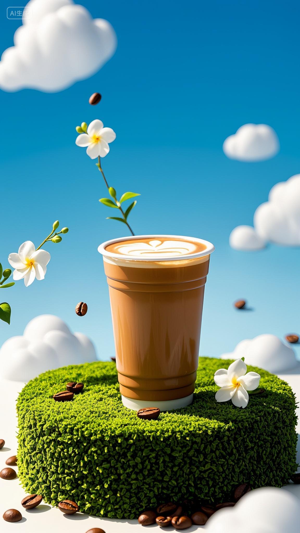 一杯咖啡被放置在绿色苔藓上咖啡豆