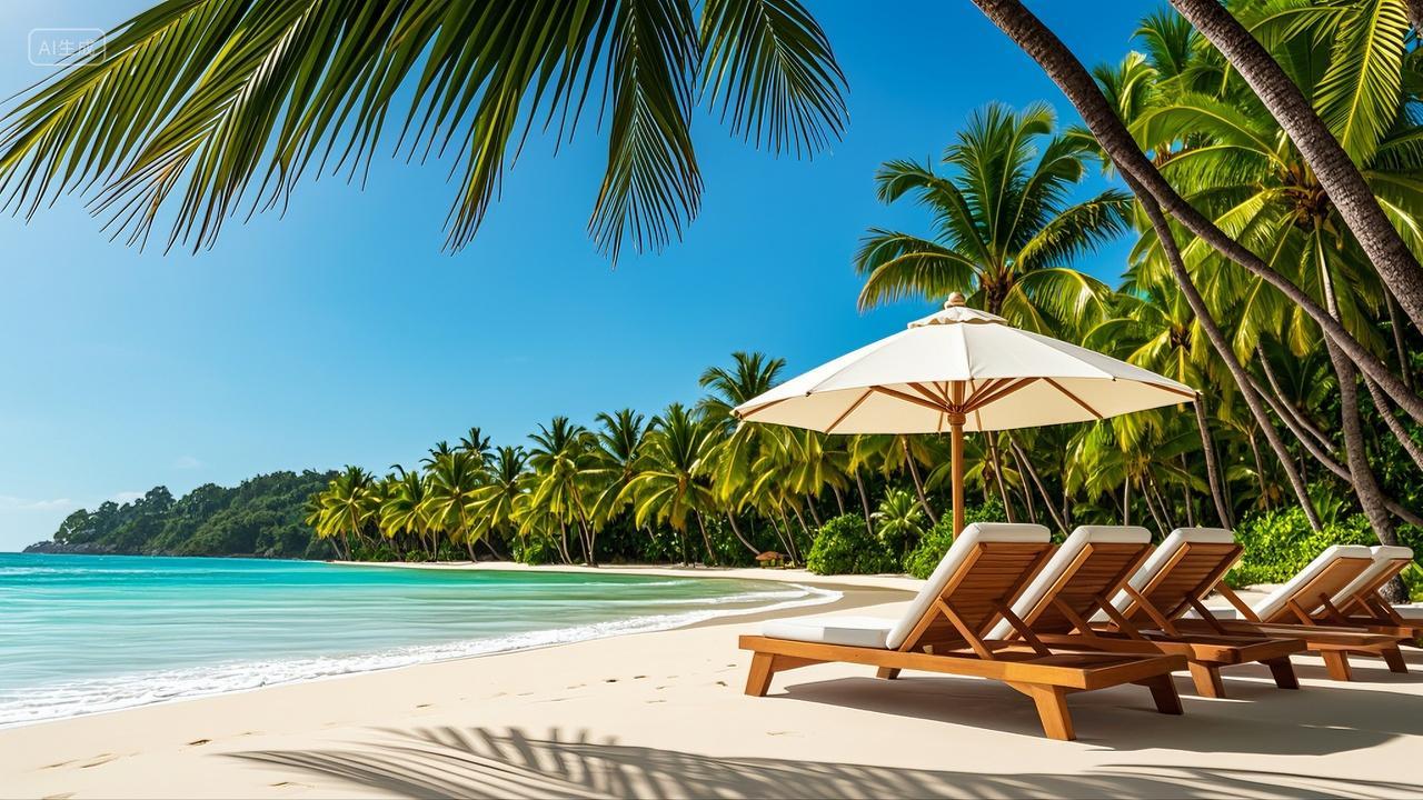夏季海滩遮阳伞躺椅椰树林度假风景壁纸