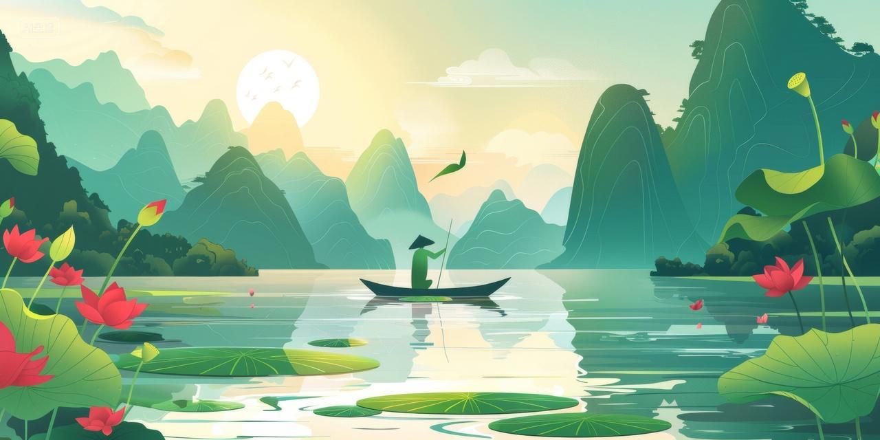 中国风意境插图清晨泛舟在池塘中间的渔民