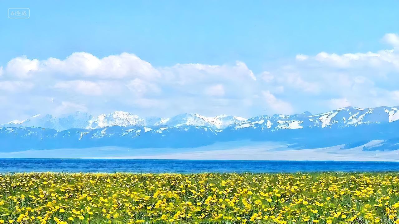 美丽的湖泊蓝天白云赛里木湖花海电脑壁纸