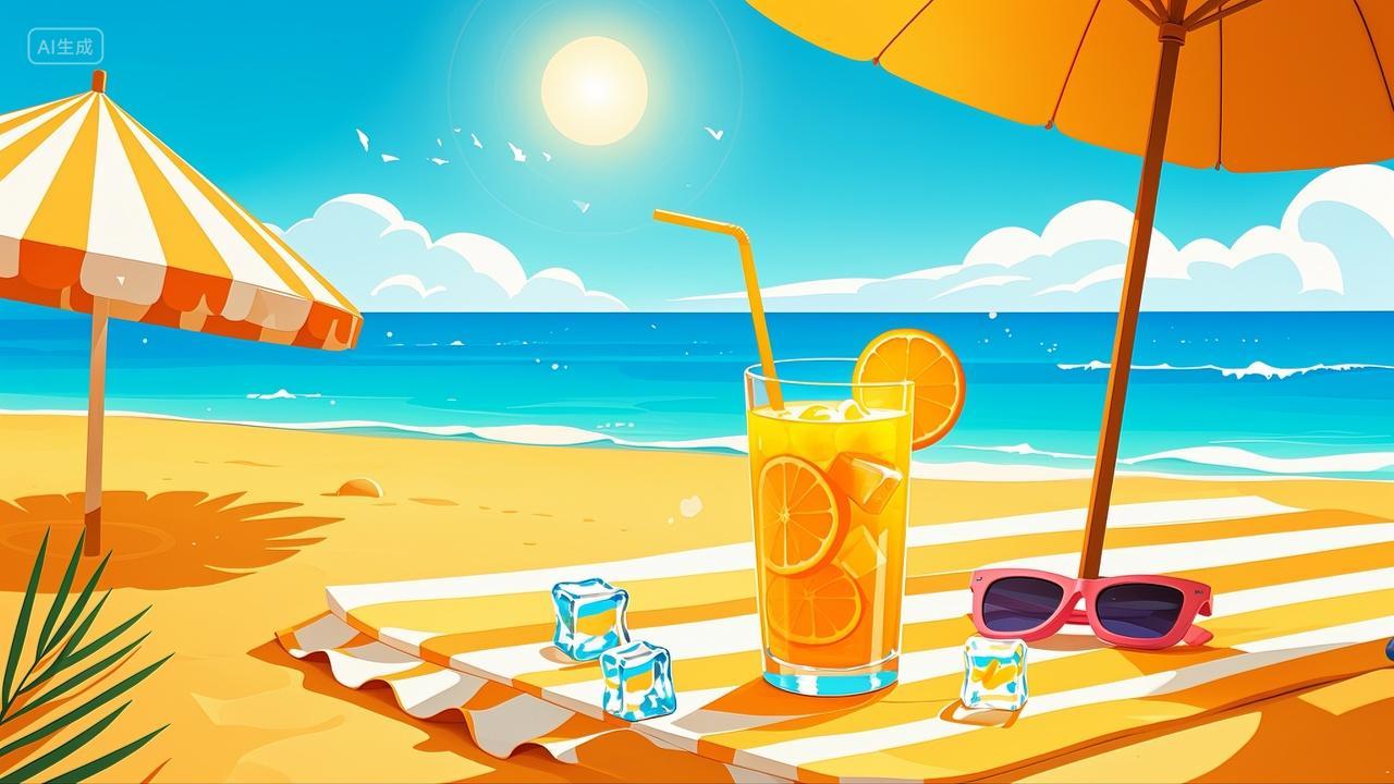 夏日海滩遮阳伞冰镇橙汁太阳镜度假风景壁纸插画