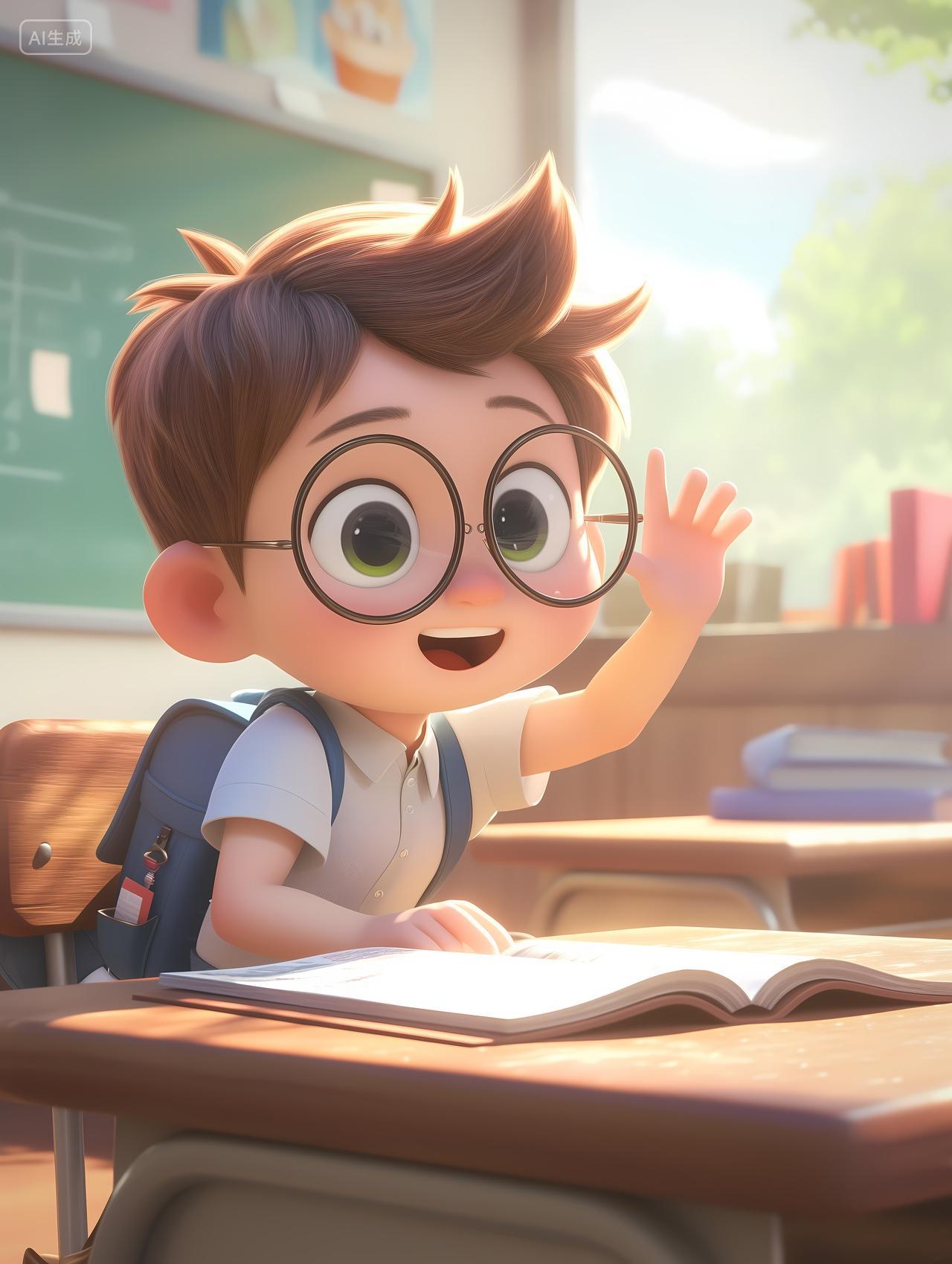 小学生上课举手书包书本学习教室