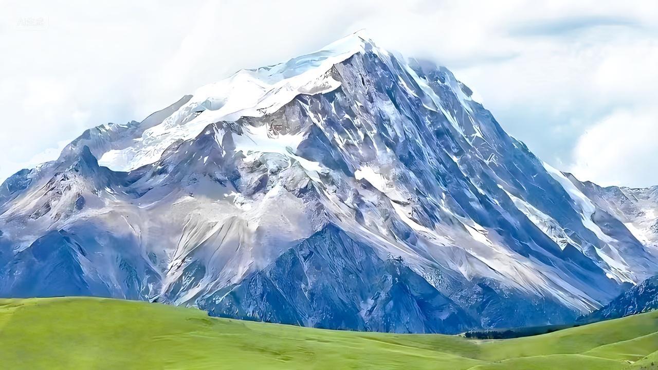 碧绿草原高大的雪山山峰蓝天白云美丽的风景画