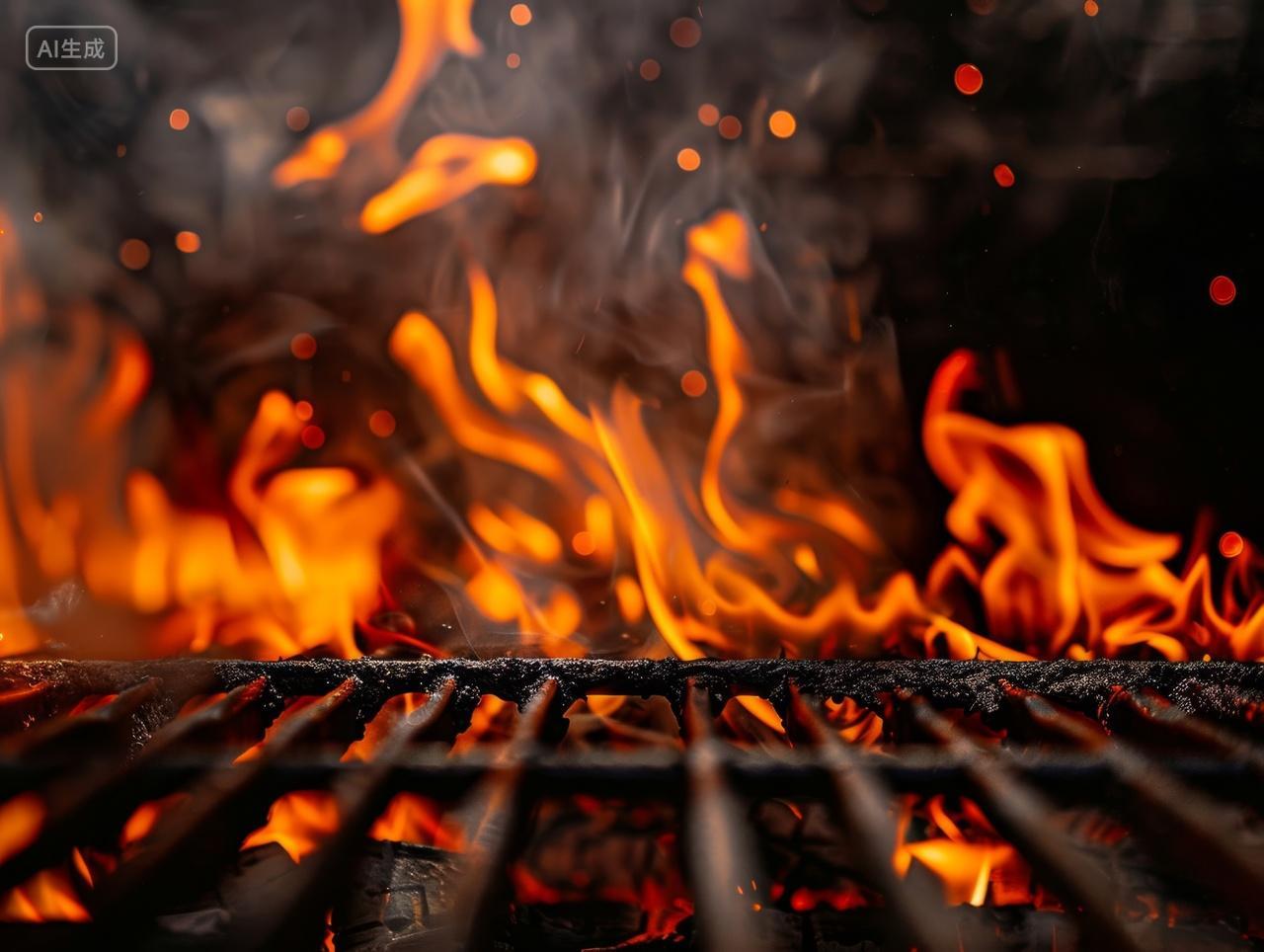 铁架下的炭火燃烧的景象