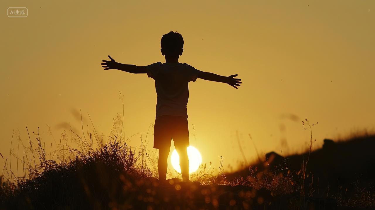 一个儿童站在山顶夕阳西下六一儿童节