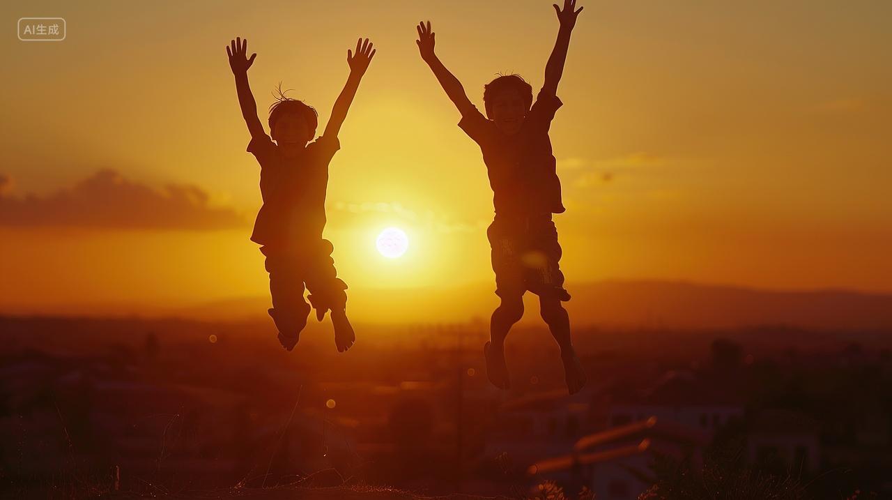 2名儿童在夕阳下奔跑欢呼庆祝六一儿童节