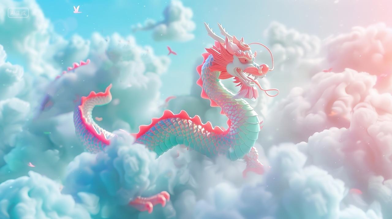 可爱的卡通龙在云里穿梭