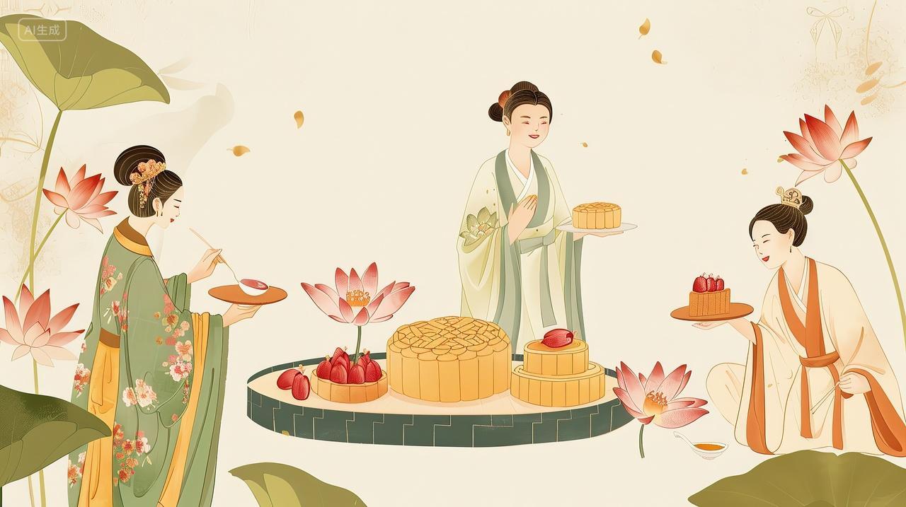 国潮古风中秋月饼女人荷花背景