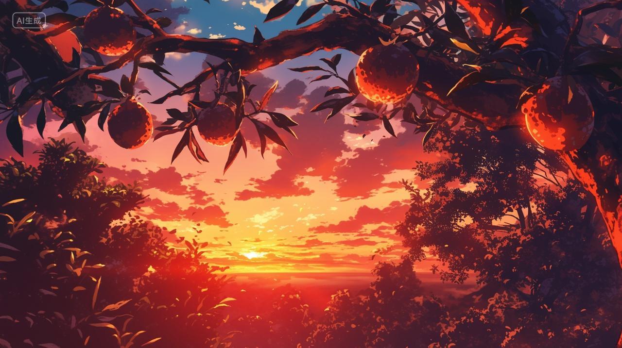 秋季夕阳下的果树温馨浪漫美丽立秋秋分秋天背景插画