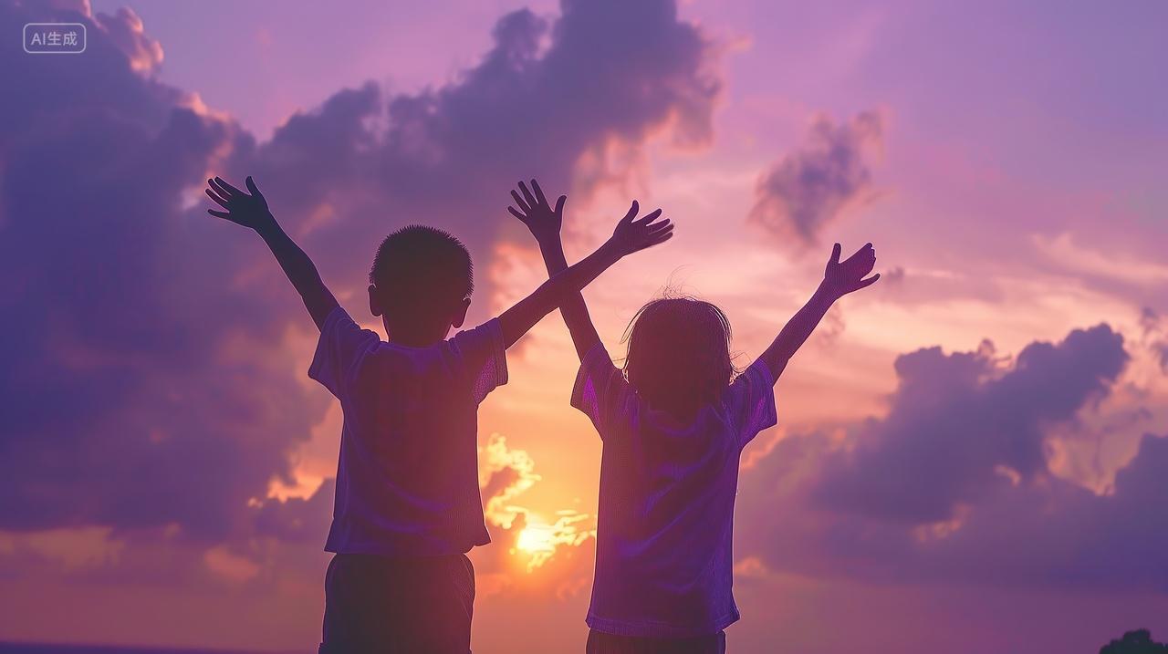 2名儿童对着夕阳庆祝六一儿童节