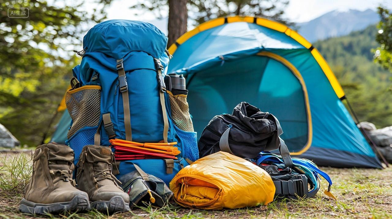 蓝色野营背包与帐篷