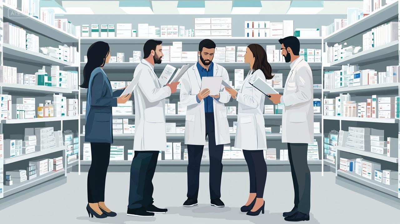 医学团队在药房中讨论患者病例药房