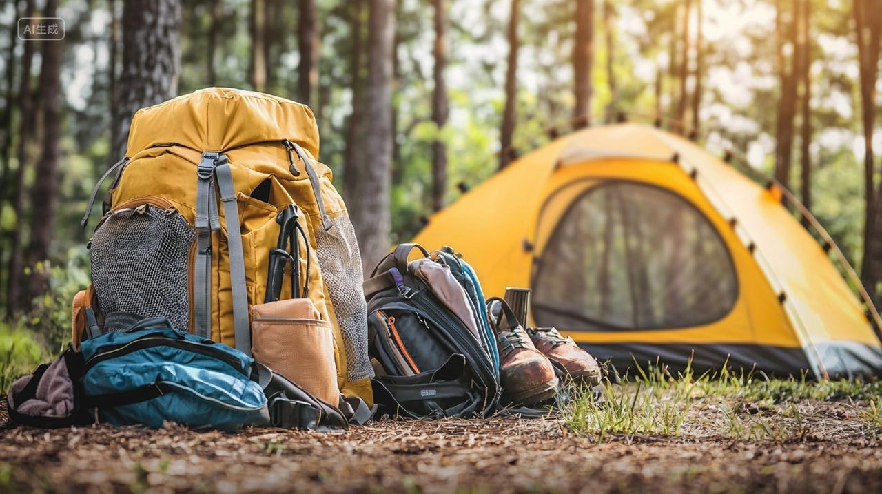 黄色帐篷前的野营装备