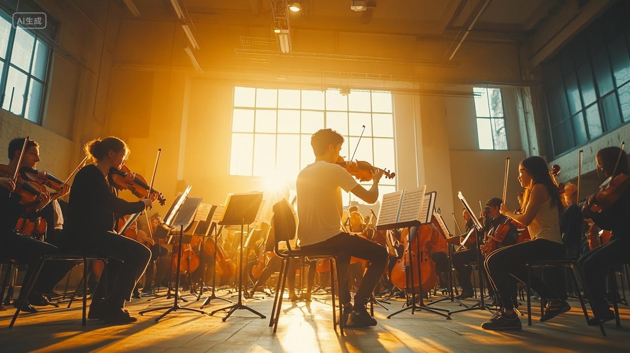 乐团排练中的弦乐器演奏