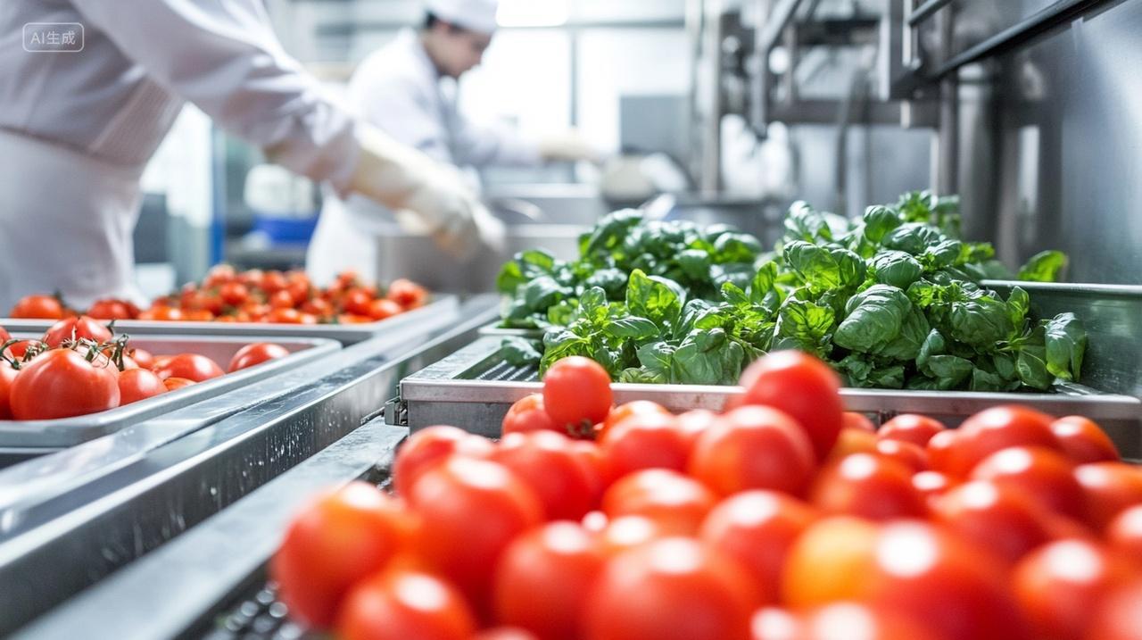 食品加工车间中央厨房中的工人和蔬菜