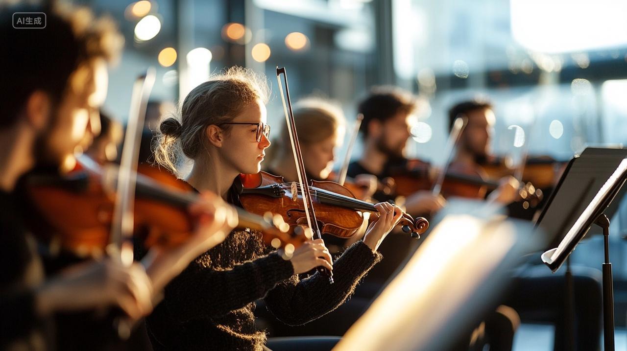 乐团排练中的小提琴手