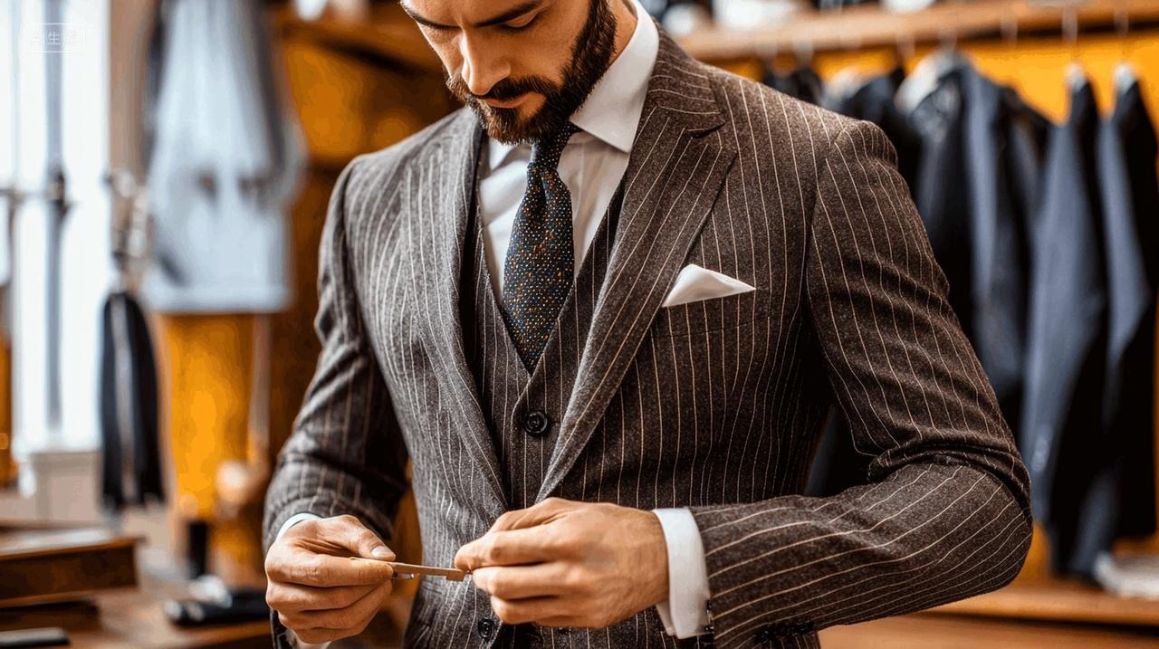 商务男性穿戴精致三件套西装