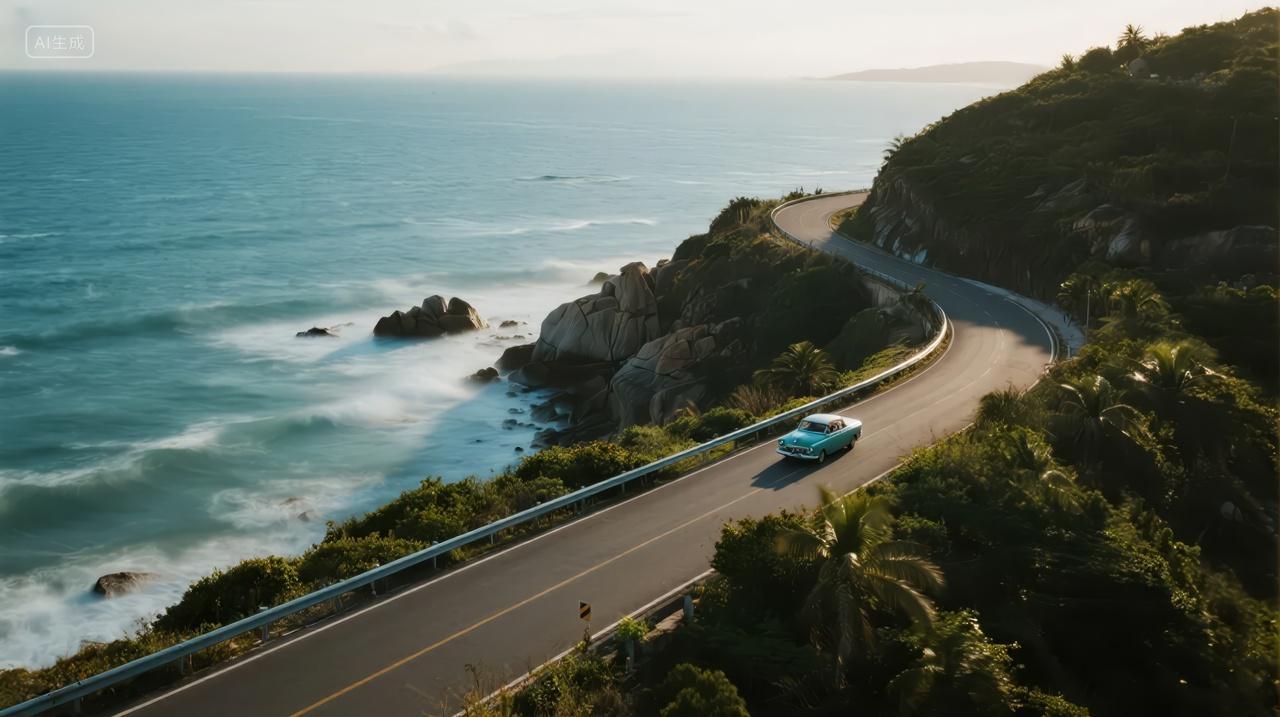 国庆节自驾游沿海公路汽车旅行风光背景