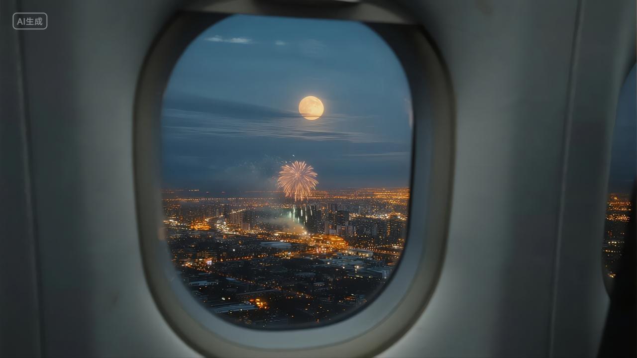 国庆节飞机舷窗城市夜景烟花旅行背景