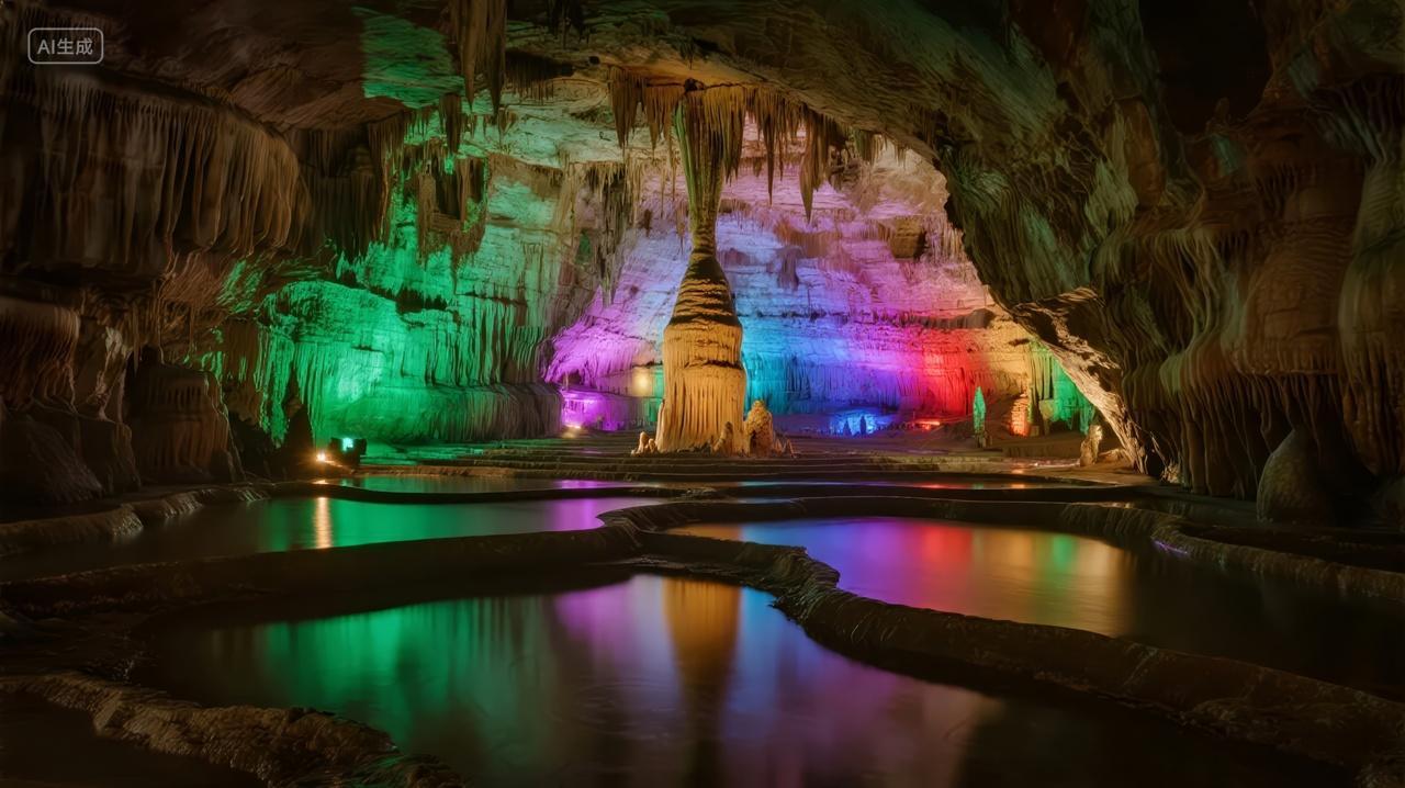 国庆节溶洞灯光秀地质奇观旅游探索背景