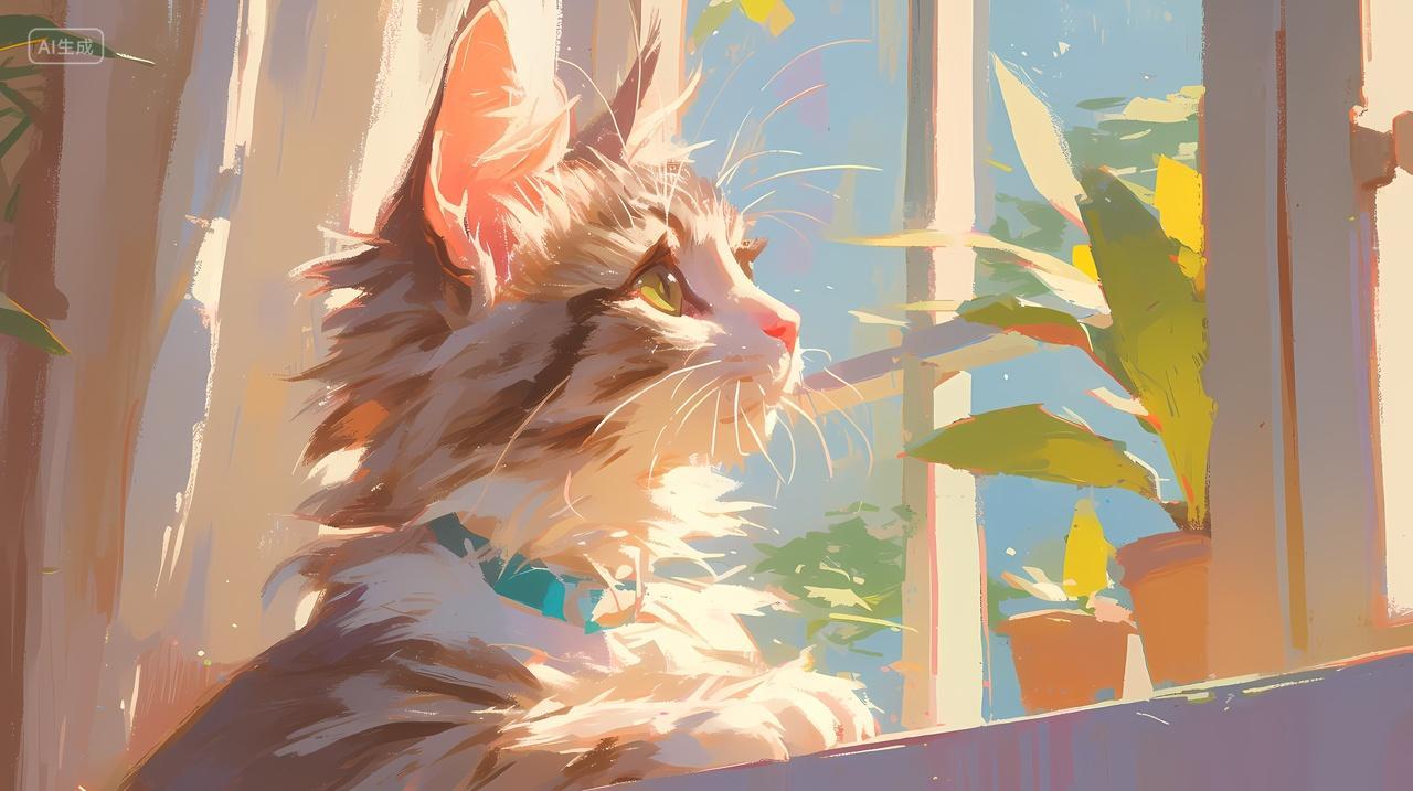 唯美猫猫艺术插画壁纸窗边猫猫漂亮猫猫