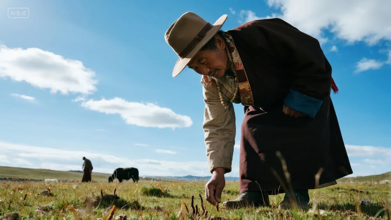大暑节气藏民采摘冬虫夏草滋补养生背景