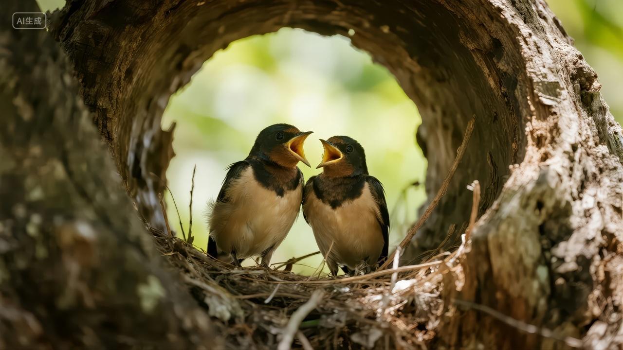 雏鸟嗷嗷待哺鸟巢亲情温馨家庭教育背景