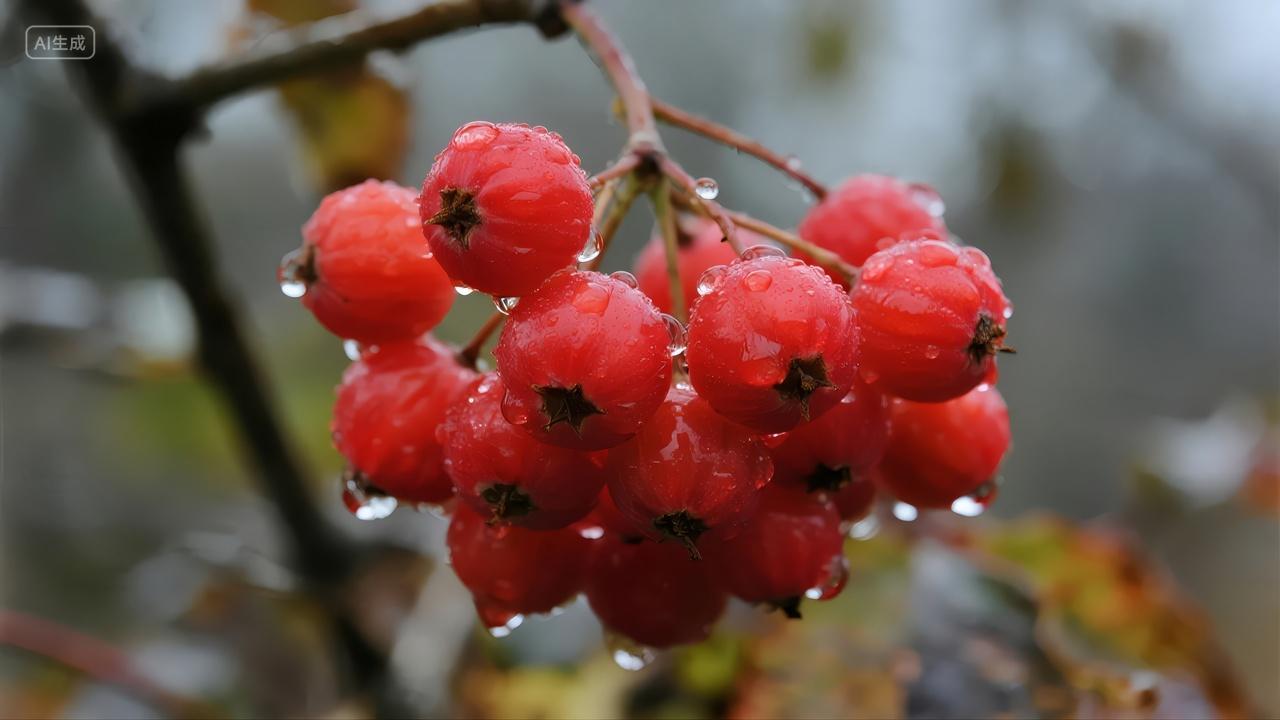立秋节气山楂浆果雨滴秋日丰收背景图