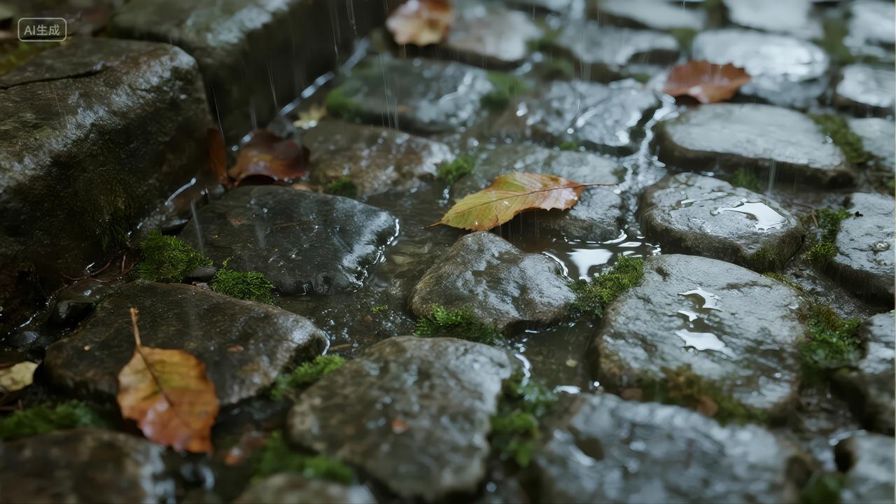 立秋节气雨后石板路落叶湿润古镇背景