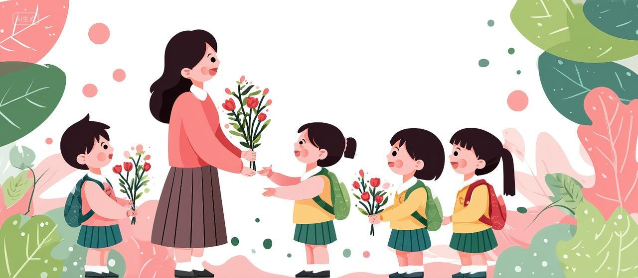 学生给老师送花教师节卡通插画海报背景