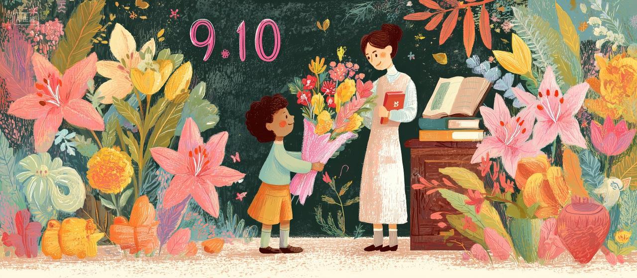 学生给老师送花教师节海报卡通插画背景