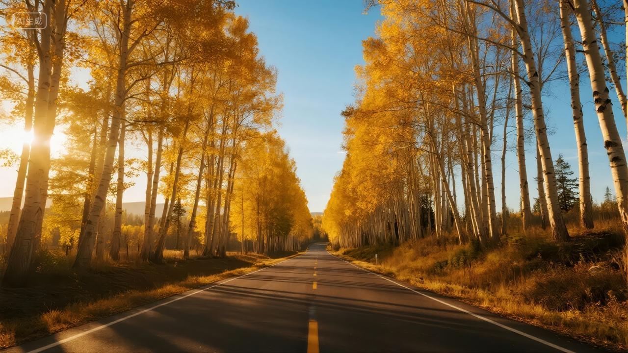 立秋节气金色白桦林公路自驾游旅行背景