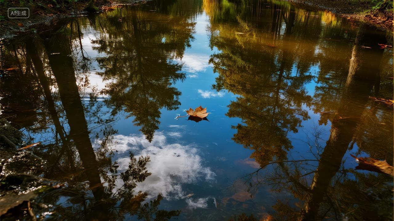 立秋节气池塘倒影落叶宁静自然风光背景