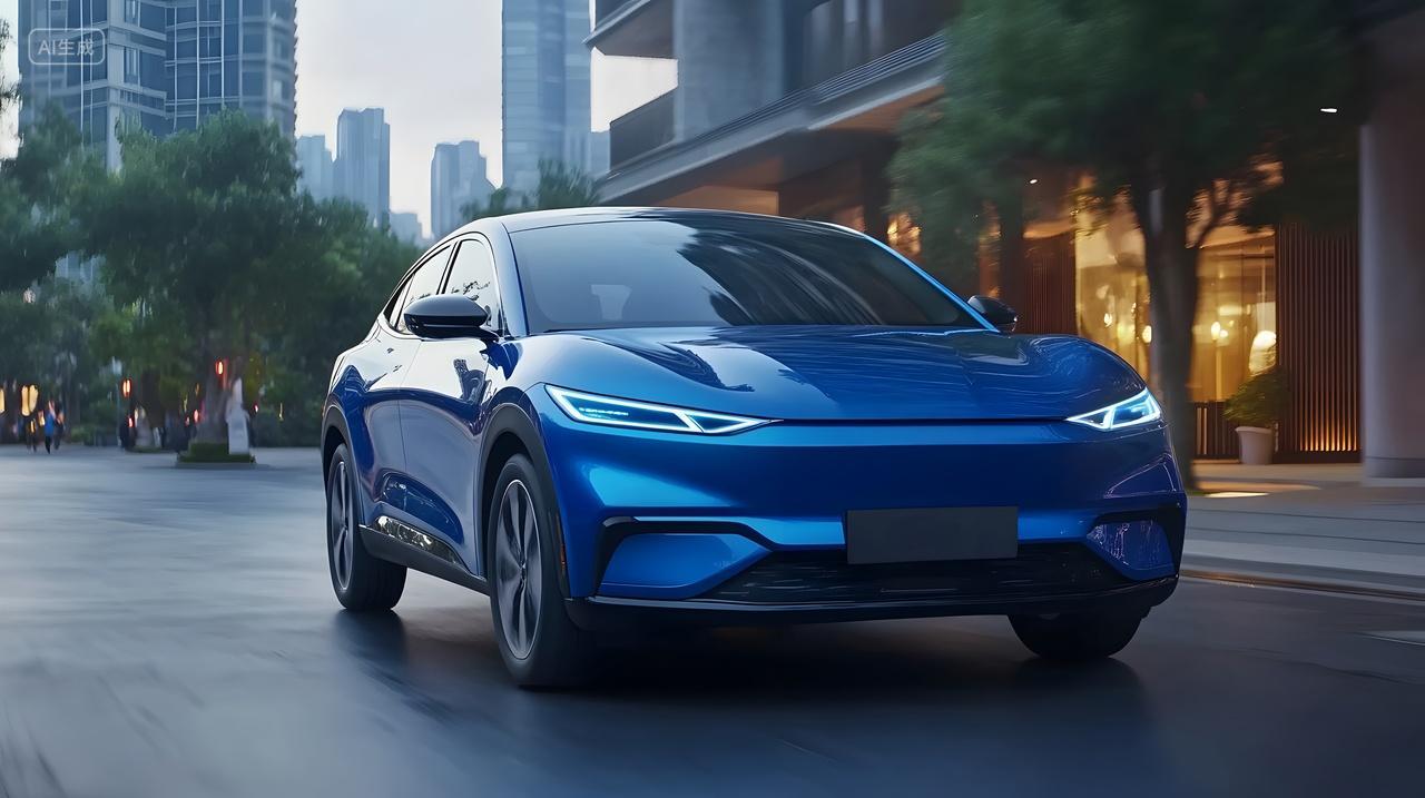 蓝色汽车穿梭都市街道建筑绿树相伴