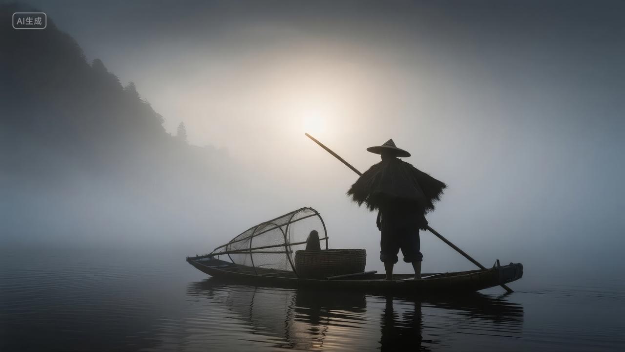 立秋节气渔夫小船薄雾山水风背景图