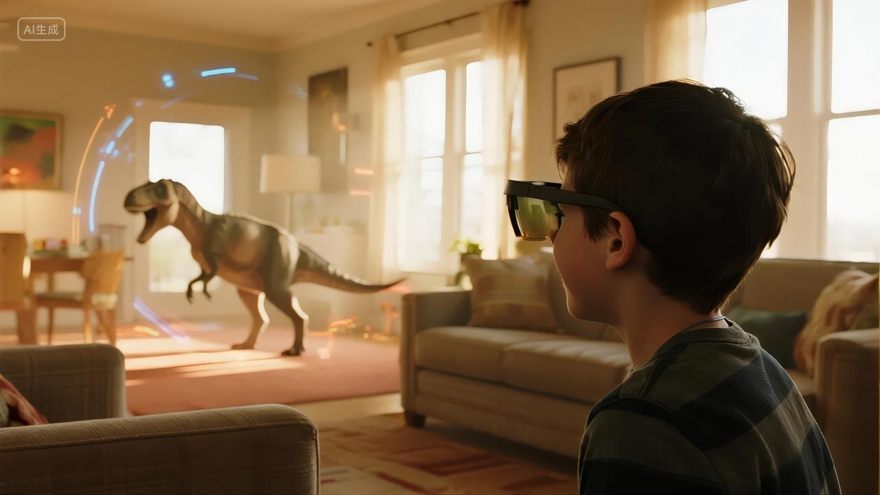 AR增强现实儿童与恐龙互动未来教育背景