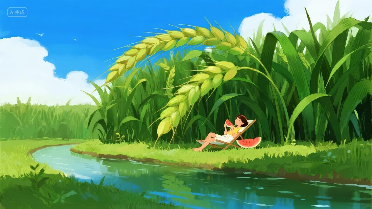 立秋节气男孩稻田纳凉动漫治愈插画背景