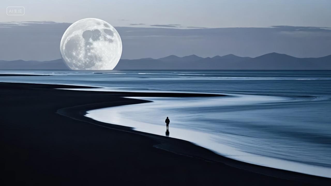 中秋节气海边赏月孤独思乡人物意境背景