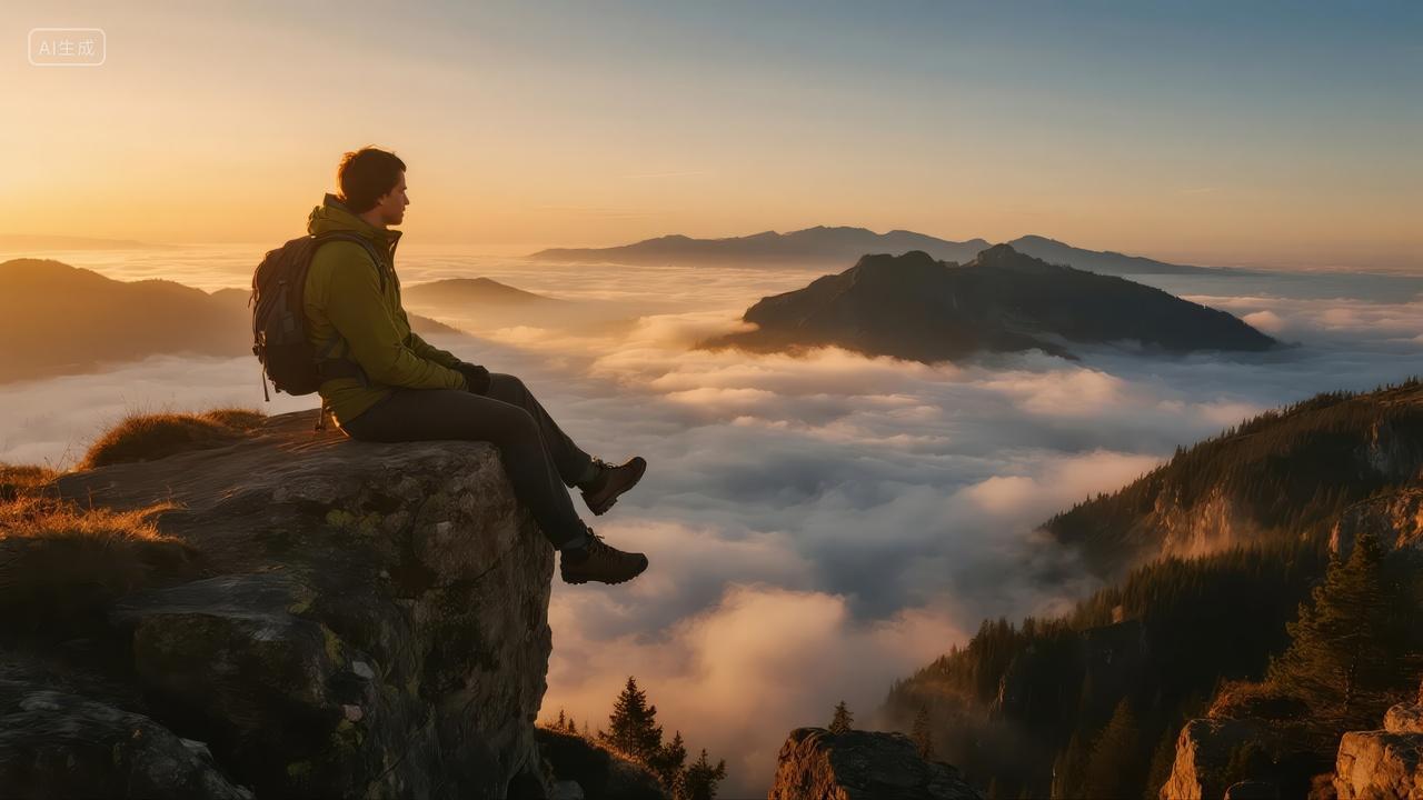 登山者山顶云海成功励志企业文化背景