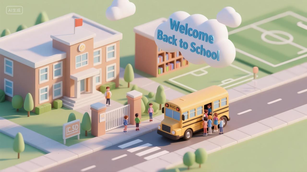 开学季返校日校园校车3D插画教育背景