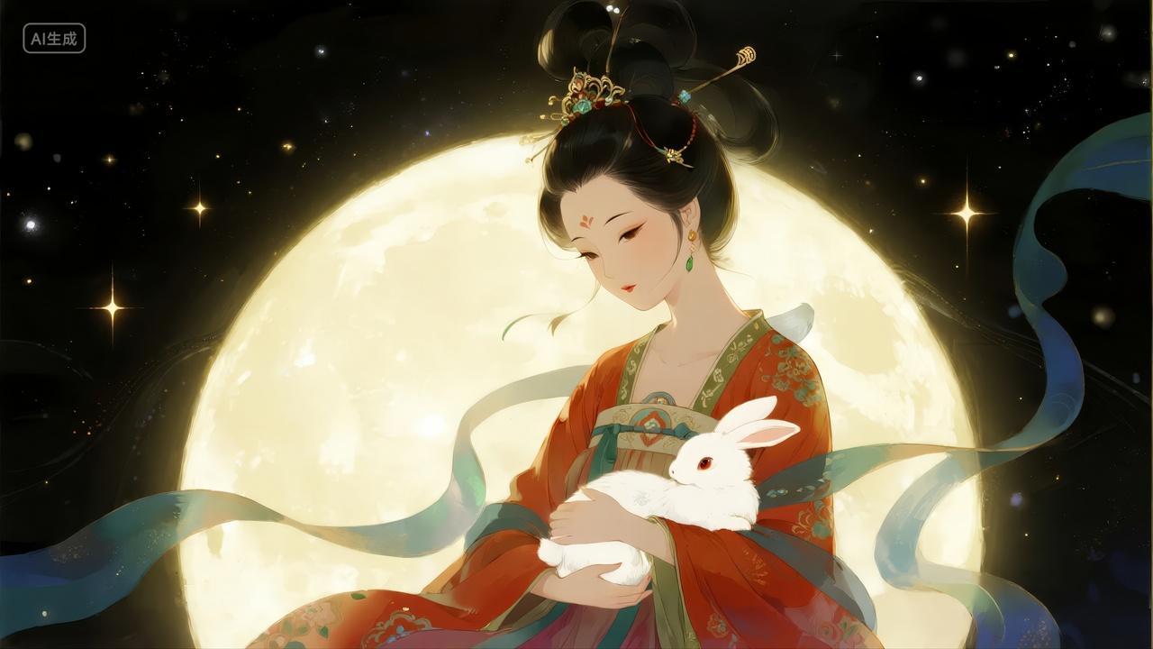 中秋节秋分节气嫦娥玉兔神话插画背景图