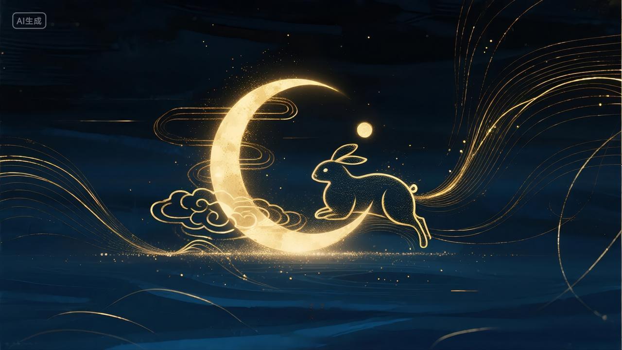 中秋节玉兔月亮祥云金色简约海报背景